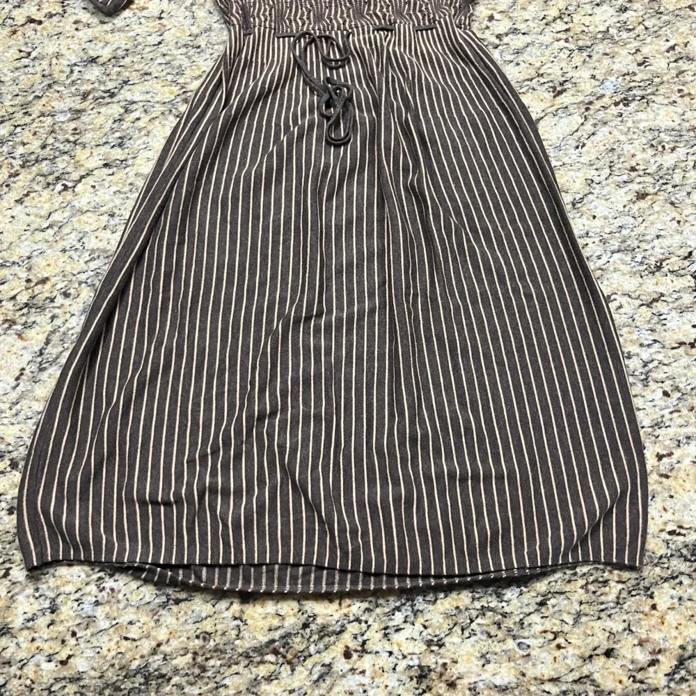Brown Striped Knit Short Sleeve Midi Dress Drawstring Waist Smocked Bodice